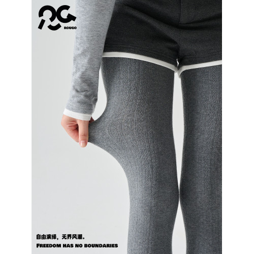 Rougo羅口麻花紋淺灰色連褲襪女春秋加絨加厚打底褲襪保暖不掉檔 Rougo羅口麻花紋淺灰色連褲襪女春秋加絨加厚打底褲襪保暖不掉檔