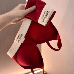 薄款無痕紅色內衣女小胸聚攏無鋼圈收副乳固定杯運動提拉文胸套裝