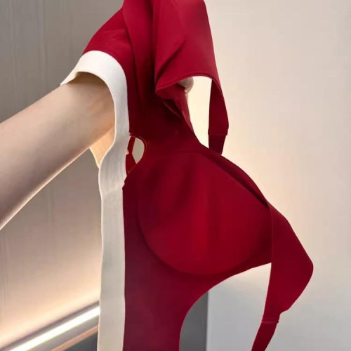 薄款無痕紅色內衣女小胸聚攏無鋼圈收副乳固定杯運動提拉文胸套裝 薄款無痕紅色內衣女小胸聚攏無鋼圈收副乳固定杯運動提拉文胸套裝