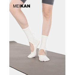 MEIKAN瑜珈襪子露背運動防滑襪中筒襪子女個性抽繩絲帶黑白地板襪