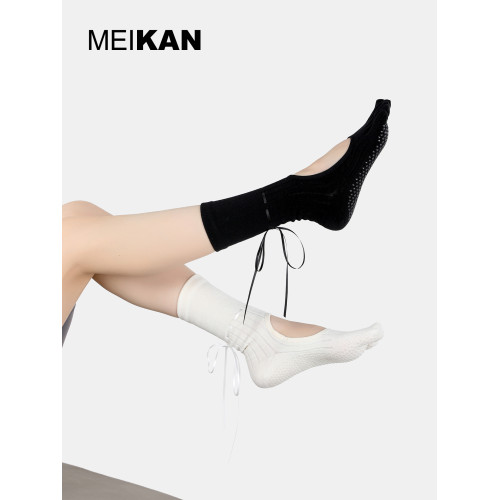 MEIKAN瑜珈襪子露背運動防滑襪中筒襪子女個性抽繩絲帶黑白地板襪 MEIKAN瑜珈襪子露背運動防滑襪中筒襪子女個性抽繩絲帶黑白地板襪