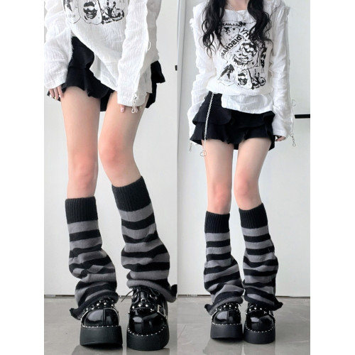 灰黑條紋喇叭襪套y2k亞文化千禧辣妹秋冬jk針織小腿堆堆襪腿套 灰黑條紋喇叭襪套y2k亞文化千禧辣妹秋冬jk針織小腿堆堆襪腿套
