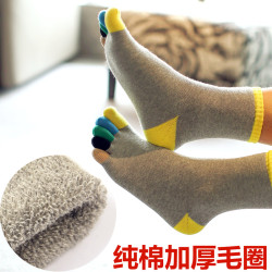 冬季加厚純棉毛圈五指襪男 全棉中筒保暖毛巾襪防臭吸汗分趾襪5雙