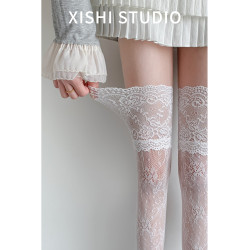 被問爆的美拉德咖~法式花邊蕾絲過膝襪女配靴子咖啡色大腿長筒襪