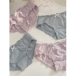 4條格子純棉內褲女低腰簡約荷葉邊女士日系簡約透氣少女生三角褲