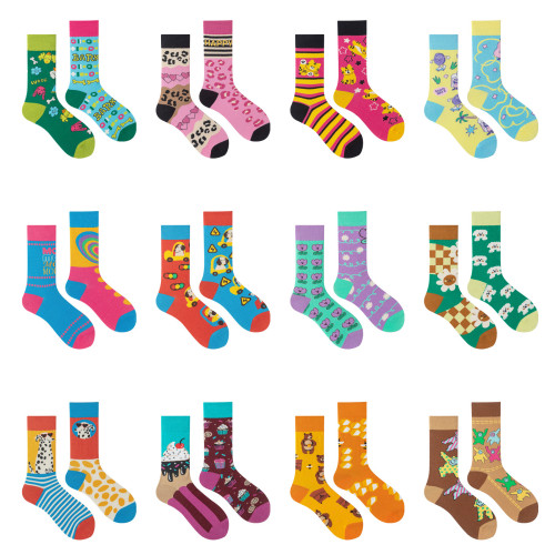 襪子女不對稱AB中筒襪ins潮流可愛卡通豹紋男女襪個性提花潮棉襪