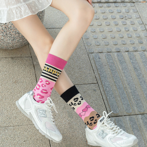襪子女不對稱AB中筒襪ins潮流可愛卡通豹紋男女襪個性提花潮棉襪