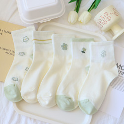 清新綠色襪子女春秋純棉中筒襪ins潮秋季可愛百搭小花少女運動襪