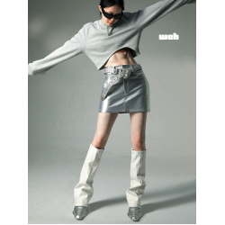 WEN CIHAM新款千禧風甜酷女孩黑色皮質金屬標簽腿套襪套靴套ins潮