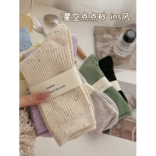 竪條點子紗襪子女中筒襪ins潮純棉春秋日系個性網紅款學院風長襪 竪條點子紗襪子女中筒襪ins潮純棉春秋日系個性網紅款學院風長襪