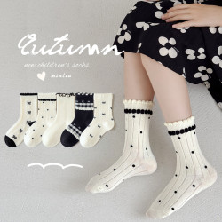 女童襪子純棉春秋兒童黑白洛麗塔公主花邊襪秋冬季女孩寶寶中筒襪