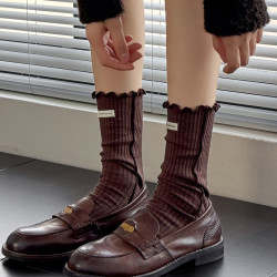 秋冬咖啡色小腿襪女竪條紋棉質短襪子木耳邊灰色中筒襪白色堆堆襪