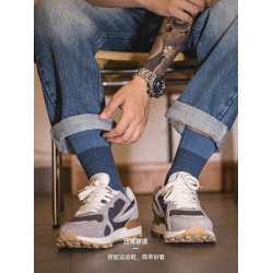 馬登工裝美式復古撞色針織中筒襪透氣粗線拼接小衆雙針長襪子男秋