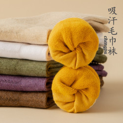 加厚毛巾底女瑜珈襪純色運動長筒中筒襪彩色毛巾襪配鯊魚褲的襪子