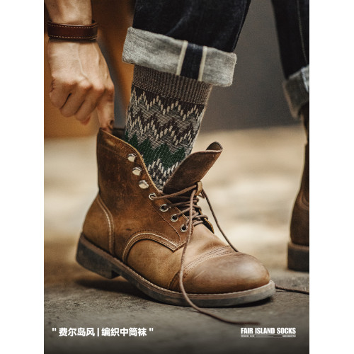 馬登工裝復古費爾島編織中筒襪民族風長襪撞色針織棉襪子男女秋季