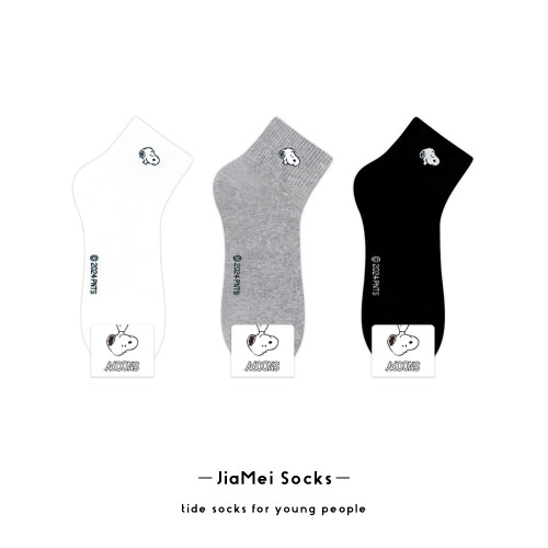 史努比男士短筒襪黑白灰純色吸汗可愛卡通小狗純棉韓國東大門襪子