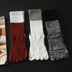 撞色羅紋防滑減震高彈棉質普拉提瑜珈五指中筒襪