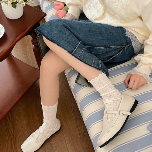 白色蕾絲襪子女夏季薄款中筒配小皮鞋瑪麗珍芭蕾風花邊堆堆襪夏天