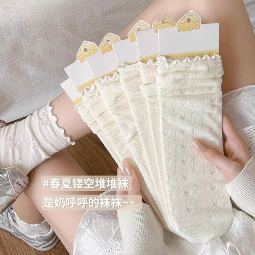 白色蕾絲襪子女夏季薄款中筒配小皮鞋瑪麗珍芭蕾風花邊堆堆襪夏天