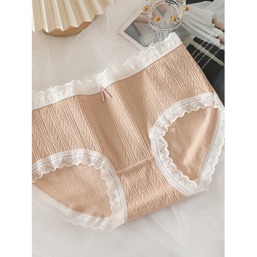 3條裝 奶油色系甜美綿綿褲裸感抗菌三角褲蕾絲邊舒適純棉內褲中腰