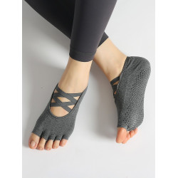 短筒交叉綁帶露腳背瑜珈普拉提專用襪子五指防滑純棉透氣運動船襪