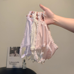 性感緞面絲滑內褲女透氣網紗短褲蕾絲邊三角褲低腰