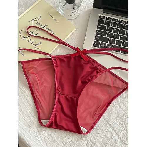 法式純欲少女低腰性感蕾絲前緞面細帶鏤空網紗透氣三角內褲女酒紅