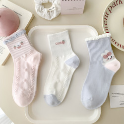 兔子草莓粉色襪子女春秋中筒襪精梳棉透氣藍色韓版卡通反織運動風