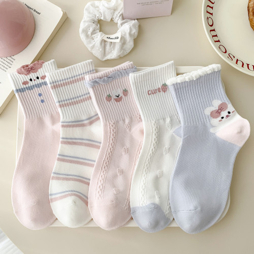 兔子草莓粉色襪子女春秋中筒襪精梳棉透氣藍色韓版卡通反織運動風 兔子草莓粉色襪子女春秋中筒襪精梳棉透氣藍色韓版卡通反織運動風