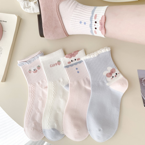 兔子草莓粉色襪子女春秋中筒襪精梳棉透氣藍色韓版卡通反織運動風 兔子草莓粉色襪子女春秋中筒襪精梳棉透氣藍色韓版卡通反織運動風