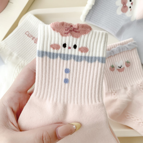 兔子草莓粉色襪子女春秋中筒襪精梳棉透氣藍色韓版卡通反織運動風 兔子草莓粉色襪子女春秋中筒襪精梳棉透氣藍色韓版卡通反織運動風