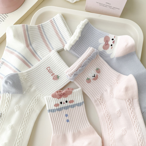 兔子草莓粉色襪子女春秋中筒襪精梳棉透氣藍色韓版卡通反織運動風 兔子草莓粉色襪子女春秋中筒襪精梳棉透氣藍色韓版卡通反織運動風