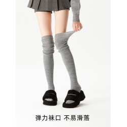 加厚髮熱保暖大腿襪秋冬季日系竪紋過膝堆堆襪女深灰色長筒配長靴