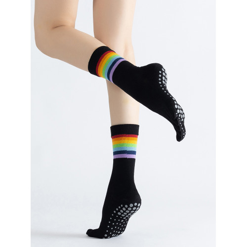 彩虹條紋普拉提襪子女專業五指襪中筒防滑襪健身跳操瑜珈襪運動襪