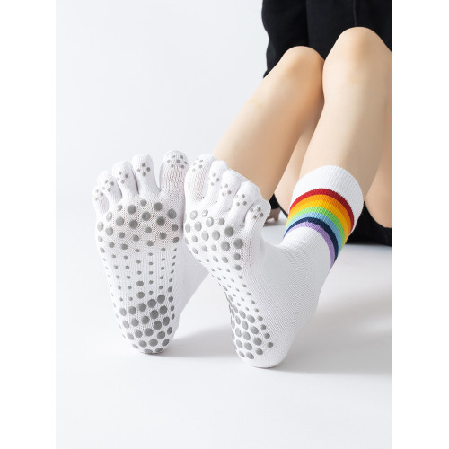 彩虹條紋普拉提襪子女專業五指襪中筒防滑襪健身跳操瑜珈襪運動襪