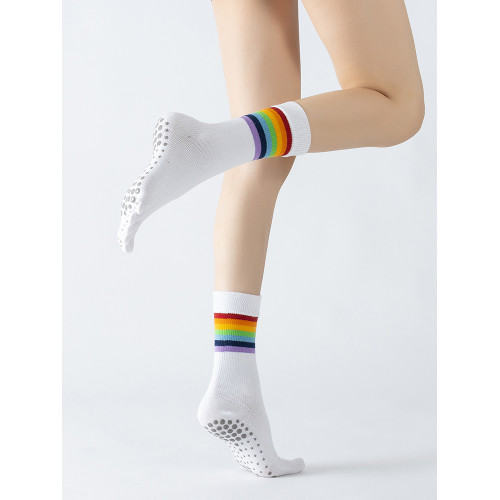 彩虹條紋普拉提襪子女專業五指襪中筒防滑襪健身跳操瑜珈襪運動襪