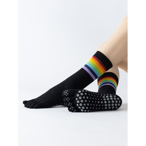 彩虹條紋普拉提襪子女專業五指襪中筒防滑襪健身跳操瑜珈襪運動襪