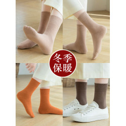 100%純棉長襪子女秋冬季加厚加絨保暖中筒毛巾長筒毛圈睡覺雪地襪