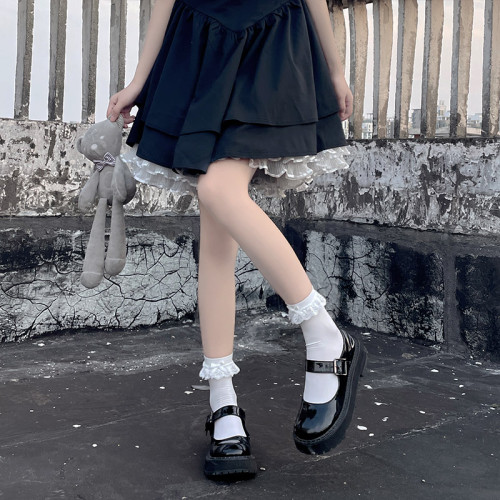 洛麗塔襪子女夏季薄款中筒白色蕾絲蝴蝶結花邊短襪天鵞絨冰冰襪潮