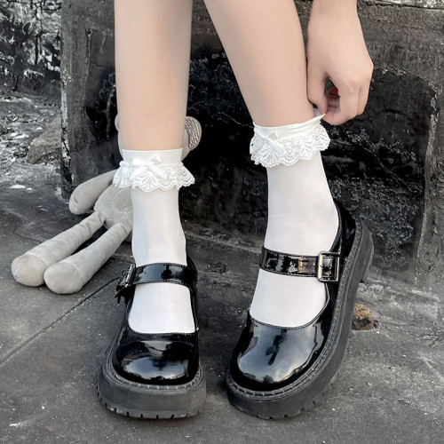 洛麗塔襪子女夏季薄款中筒白色蕾絲蝴蝶結花邊短襪天鵞絨冰冰襪潮