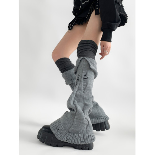 夜間教習室曡穿腿套過膝破洞喇叭長筒堆堆襪子女ins潮深灰色襪套 夜間教習室曡穿腿套過膝破洞喇叭長筒堆堆襪子女ins潮深灰色襪套