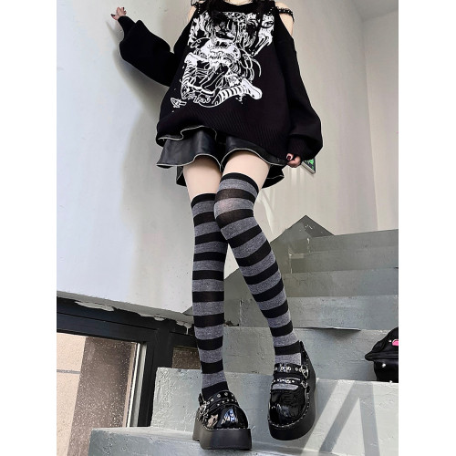 黑灰條紋過膝襪日系cosplay動漫亞比龐克y2k辣妹黑白顯瘦jk大腿襪