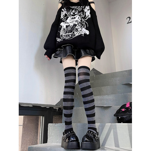 黑灰條紋過膝襪日系cosplay動漫亞比龐克y2k辣妹黑白顯瘦jk大腿襪