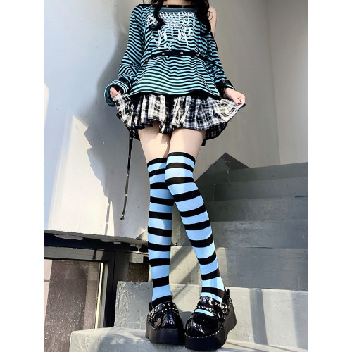 黑灰條紋過膝襪日系cosplay動漫亞比龐克y2k辣妹黑白顯瘦jk大腿襪