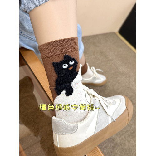 灰色襪子秋季新款爆款羅口植絨卡通小貓棉襪撞色設計感女士中筒襪