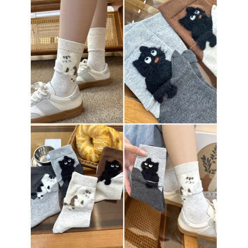 灰色襪子秋季新款爆款羅口植絨卡通小貓棉襪撞色設計感女士中筒襪