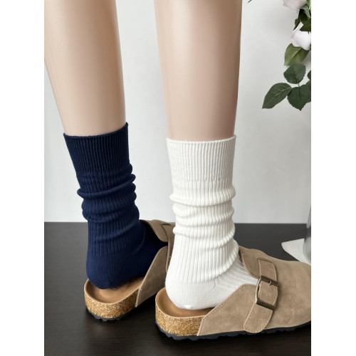 日系加厚白色襪子女中筒襪ins潮時髦miu系藏藍色竪紋堆堆襪秋冬季 日系加厚白色襪子女中筒襪ins潮時髦miu系藏藍色竪紋堆堆襪秋冬季