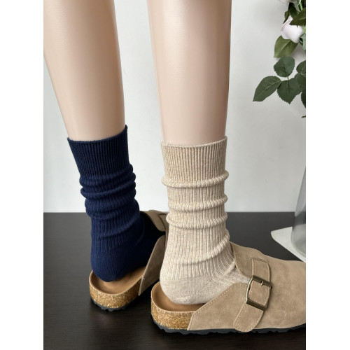 日系加厚白色襪子女中筒襪ins潮時髦miu系藏藍色竪紋堆堆襪秋冬季 日系加厚白色襪子女中筒襪ins潮時髦miu系藏藍色竪紋堆堆襪秋冬季