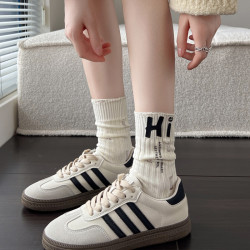 韓國ins潮襪秋冬款米白色小腿襪黑色中筒襪堆堆短襪子棉質破洞襪