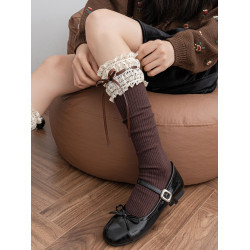 秋冬咖色蕾絲花邊中筒襪女奶白色竪紋顯瘦加厚保暖lolita小腿襪子